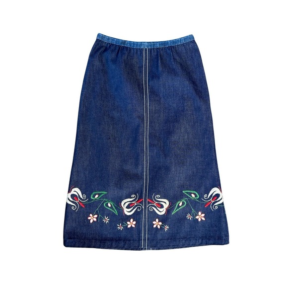 Handmade Dresses & Skirts - Vintage 70s Handmade Midi‎ Denim Skirt Embroidered Flowers Hippie 27" Waist XS/S